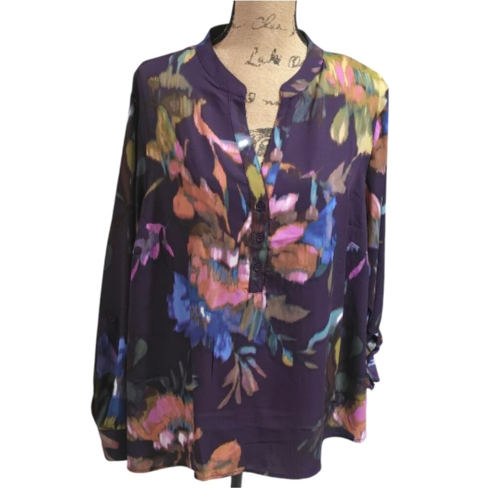 NICOLE MILLER Floral Print Women's Top Purple Watercolor Abstract Plus Size 2X 3